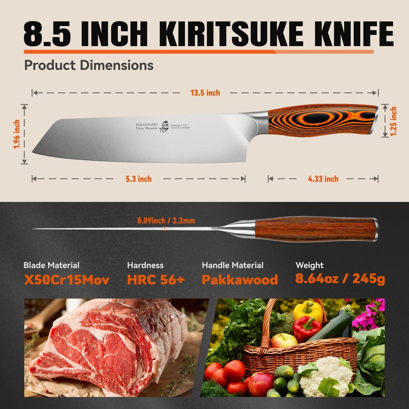 TUO Kiritsuke Chef Knife, 8.5 inch Asian Kitchen Knife for Cutting Fish & Meat, High Carbon German Steel Japanese Blade-Type with Ergonomic Handle - Image 3